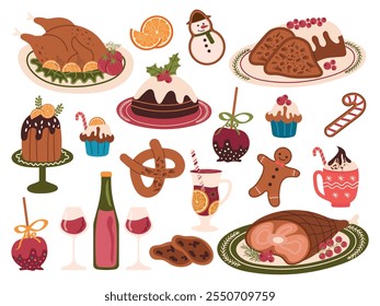 Christmas dishes, pastries, traditional drinks. Vector illustration of dishes, drinks and desserts for winter holidays.