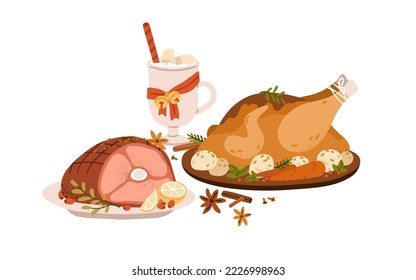 Christmas dishes, roasted pork knuckle and grilled turkey. Festive traditional meals, meat. Served ham hock and chicken, cocoa with marshmallow. Flat vector illustration isolated on white background