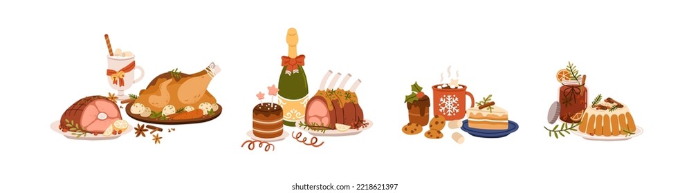 Menú de platos de Navidad. La comida se sirve para las cenas de invierno. Postres tradicionales, pudín, pavo asado, costillas, bebidas calientes y champán. Ilustración vectorial plana aislada en fondo blanco