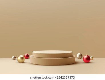 Christmas display with 3D beige podium and scattered festive ornaments set against beige background. Holiday product displays, seasonal mockups, and showrooms