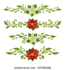 Christmas dividers from poinsettia and holly leaves decoration elements.