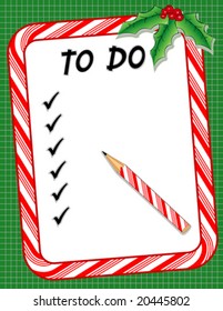 Christmas To Do Checklist with Candy Cane Frame and Pencil with copy space, holly green background. EPS10 compatible.