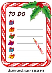 Christmas To Do Gift List.  Candy cane frame with copy space, holly, berries, presents with ribbons and bows, candy cane pencil. EPS10 compatible.
