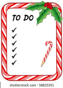 Christmas To Do List.   Candy Cane Frame With Copy Space, Check Marks, Candy Cane Pencil, Holly, Berries. EPS10 Compatible.