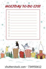 Christmas To Do List. Candy cane frame with cute cats sitting on the roofs and looking at snow.