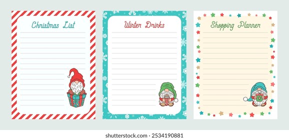 Christmas to do list with cute gnomes. Holiday planner pages wish list vector template. Christmas organizer sheet printable for planner or notepad. Adorable gnomes illustrations and retro font.