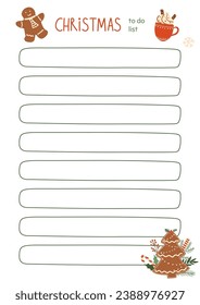 Christmas to do list decorated Christmas gingerbread cookies and cup of hot chocolate. Vector winter bucket list template. Printable list for notes, planner, schedule, planner, checklist, notebook.