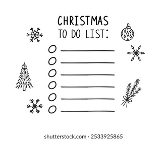 Christmas to do list doodle hand drawn. Template drawing design. Christmas list decor. Vector illustration