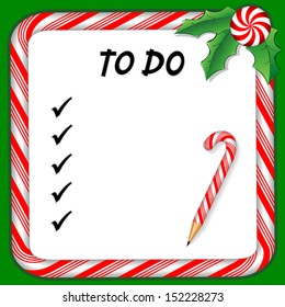 Christmas To Do List on whiteboard with candy cane frame in red and green, candy cane pencil, holly, peppermint candy trim. To organize holiday gifts and plans. EPS10 compatible. 