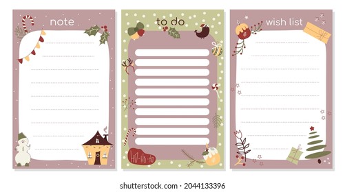 Christmas To Do list template with cute festive elements. Daily winter check list. Planner, shedule, notebook, weekly notes. Cartoon vector illustration  