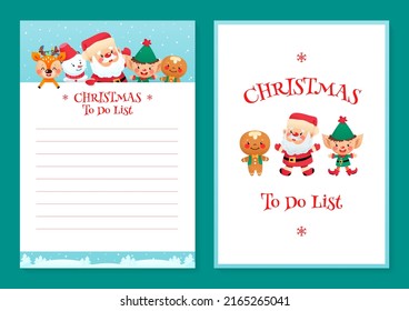 Christmas To Do List template. Cute organizer with a funny cartoon Santa Claus, an elf, a gingerbread man, a snowman and a little deer. Vector 10 ESP.