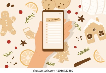 Christmas To do planner on phone. Daily check list cozy Christmas vibes. Winter holiday trendy organizer elements. Vector illustration in cartoon style. Isolated background