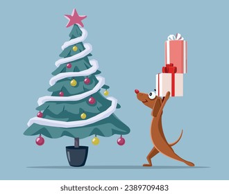 
Christmas Dog Carrying a Christmas Gifts Vector Cartoon illustration. Puppy holding presents for Xmas celebration funny greeting card
