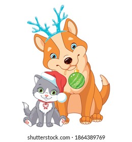 Christmas Dog with Cat. Cartoon vector illustration