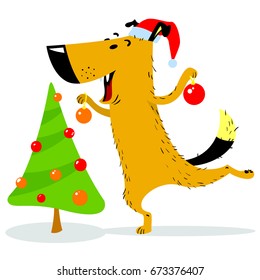 Christmas dog character. A cheerful pet decorates Christmas tree. Cartoon vector illustration with cute dog in santa's hat