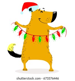 Christmas dog character. Cheerful pet with bright garland. New Year seasonal icon. Cartoon vector illustration with cute dog in Santa's hat