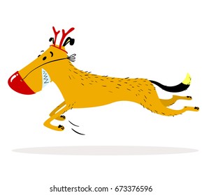 Christmas dog character in red-nosed deer's costume. Cheerful jumping new year pet. Cartoon vector illustration with dog is ready for a masquerade