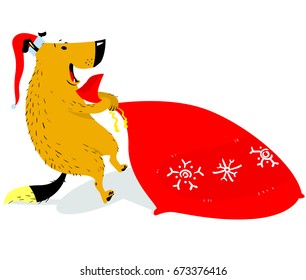 Christmas dog character in santa's hat. The dog is dragging a santa's bag with gifts. Cartoon vector illustration with cute pet in seasonal costume