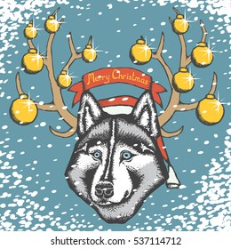 Christmas dog concept. Vector siberian husky in Santa hat