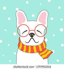 Christmas dog cute cartoon vector portrait. Puppy French bulldog wearing red glasses and scarf. Winter, Christmas, pets, dog lovers theme design element, flat contemporary style.