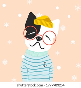 Christmas dog cute cartoon vector portrait. Puppy French bulldog wearing red glasses ,yellow hat and blue sweater . Winter, Christmas, pets, dog lovers theme design element, flat contemporary style.