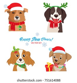 Christmas Dog Faces Collection Vector Set. Symbol Of The Year. Illustration Of Funny Cartoon Dogs In Christmas Costumes. Isolated On White.