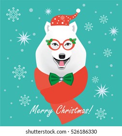 Christmas Dog. Flat style illustration. Christmas Greeting Card. Hipster Dog husky. 