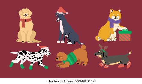 Christmas Dog Illustration Golden Retriever Greyhound Shiba Dalmatian Poodle Dachshund. Vector.