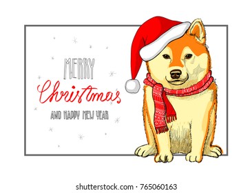 Christmas dog on Christmas card with inscription greeting Merry Christmas and Happy new year. Shiba-Inu Dog in a red scarf and red christmas hat with snowflakes on background. Vector illustration.