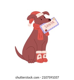 Christmas dog with paper mail. Cute puppy holding New Year envelope with letter for Santa. Xmas doggy in holiday cap, winter scarf and socks. Flat vector illustration isolated on white background