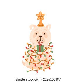 Christmas dog pug dressed in Christmas costume garland lights and christmas star . Cartoon animal puppy Isolated vector illustration for t shirt print, game, textile, pet icons, kids design.