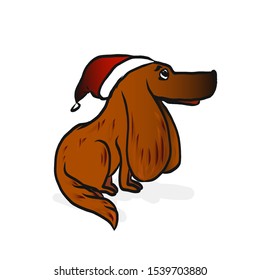 Christmas dog in red hat of Santa Claus - vector