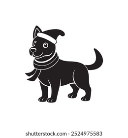 Christmas dog in Santa Hat and Scarf, silhouette vector, vector and illustration