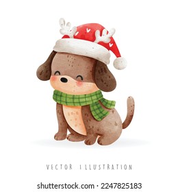 Perro de Navidad con sombrero de santa, ilustración vectorial de Navidad