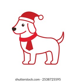 Christmas Dog with Santa Hat Vector Line Art Festive Holiday Pet Illustration