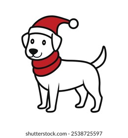 Christmas Dog with Santa Hat Vector Line Art Festive Holiday Pet Illustration