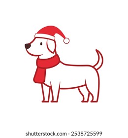 Christmas Dog with Santa Hat Vector Line Art Festive Holiday Pet Illustration