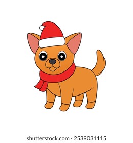 Christmas Dog with Santa Hat Vector Line Art - Festive Holiday Pet Illustration