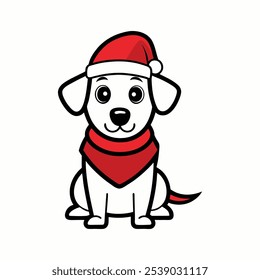 Christmas Dog with Santa Hat Vector Line Art - Festive Holiday Pet Illustration