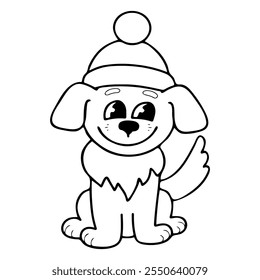 Christmas Dog with Santa Hat Vector Line Art Festive Holiday Pet Illustration