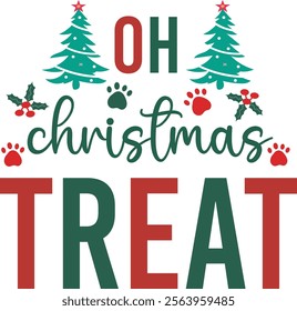 Christmas dog and Santa t- shirt design Christmas tree and sack of colorful gifts. Pet lovers, animals, dogs, Christmas, winter holiday and gift