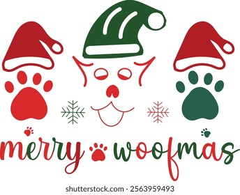 Christmas dog and Santa t- shirt design Christmas tree and sack of colorful gifts. Pet lovers, animals, dogs, Christmas, winter holiday and gift