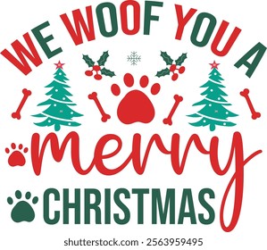 Christmas dog and Santa t- shirt design Christmas tree and sack of colorful gifts. Pet lovers, animals, dogs, Christmas, winter holiday and gift