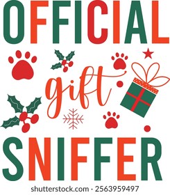 Christmas dog and Santa t- shirt design Christmas tree and sack of colorful gifts. Pet lovers, animals, dogs, Christmas, winter holiday and gift