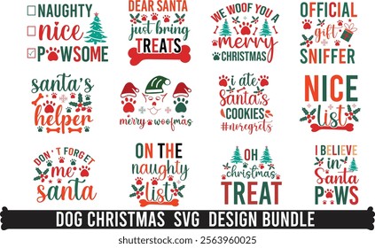 Christmas dog and Santa t- shirt design  bundle Christmas tree and sack of colorful gifts. Pet lovers, animals, dogs, Christmas, winter holiday and gift