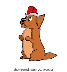 Christmas dog in santas hat  with watercolor illustration . Vector illustration