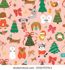 Christmas dog seamless pattern on the pink background. Vector cute dogs, puppies, Christmas tree, bow knots print. Funny kids New Year wallpaper, background with pets, gift paper, textile design.