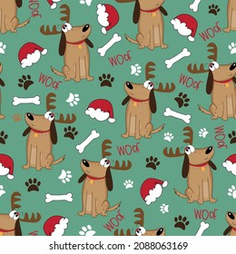 Christmas dog seamless pattern - santa hat, bone, paw print and cute puppy in antler. Good for textile print, wrapping and wall paper, and other gifts design.