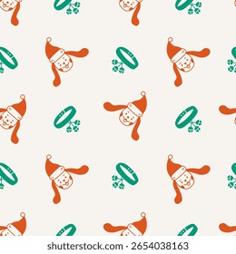 Christmas Dog Seamless Pattern with Santa Hat and Collar. Happy Puppy with Accessory and Jingle Bells. Adorable Pet background in playful doodle style. Repeat vector illustration