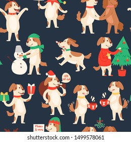 Christmas dog seamless pattern. Vector illustration of cute cartoon dog in red Santa hat and snowman, christmas tree. Doggie and puppy merry christmas textile or wrapping.